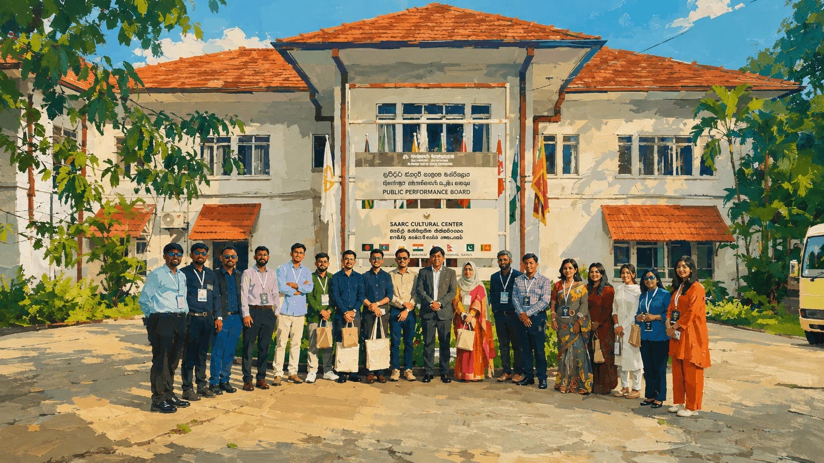 A group of delegates standing together outside the SAARC Cultural Centre, painted in an impressionistic style